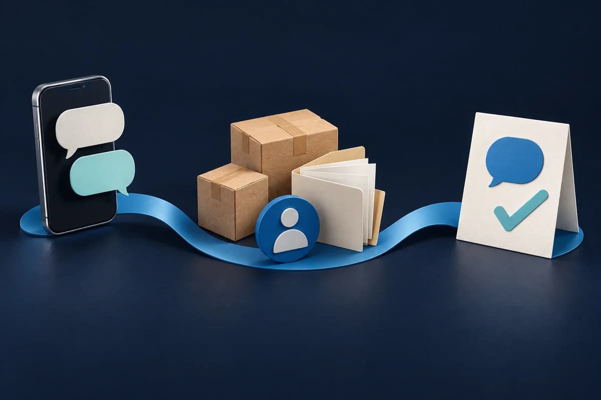 Conceptual illustration: a phone inquiry connects with products and business information, leading to a prepared response.