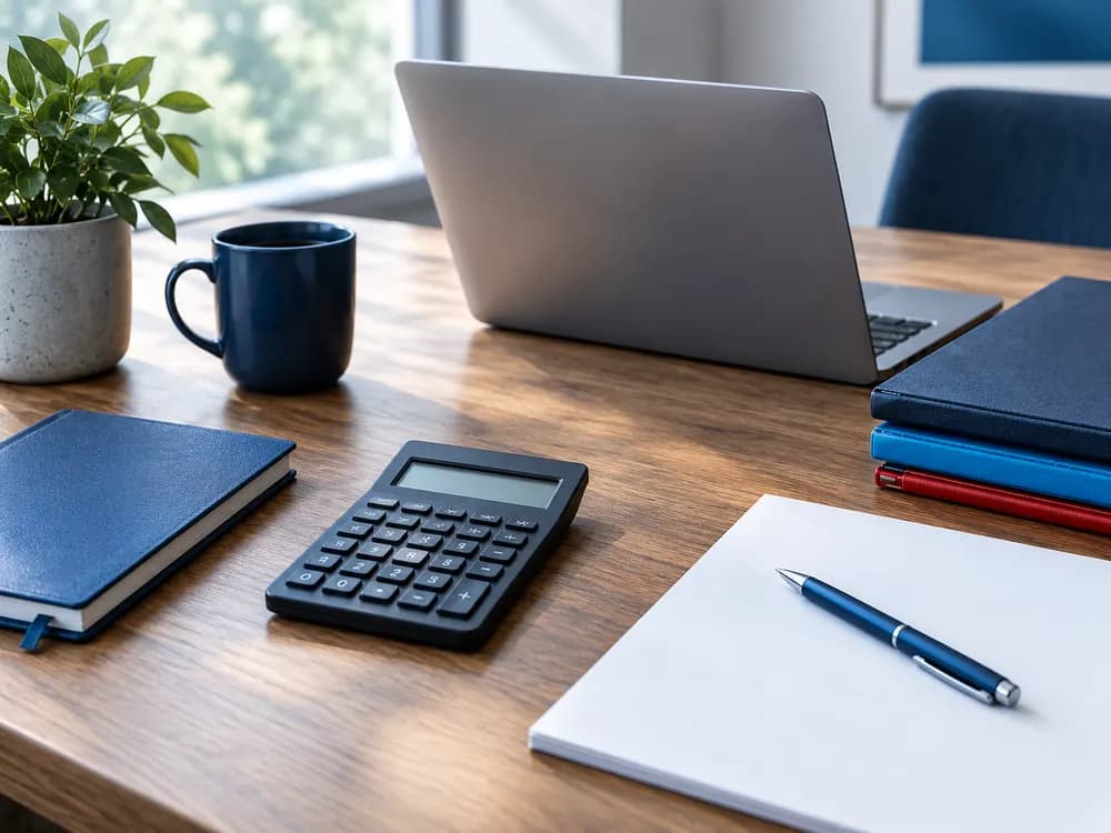 Conceptual financial review workspace with blank paper and closed folders.