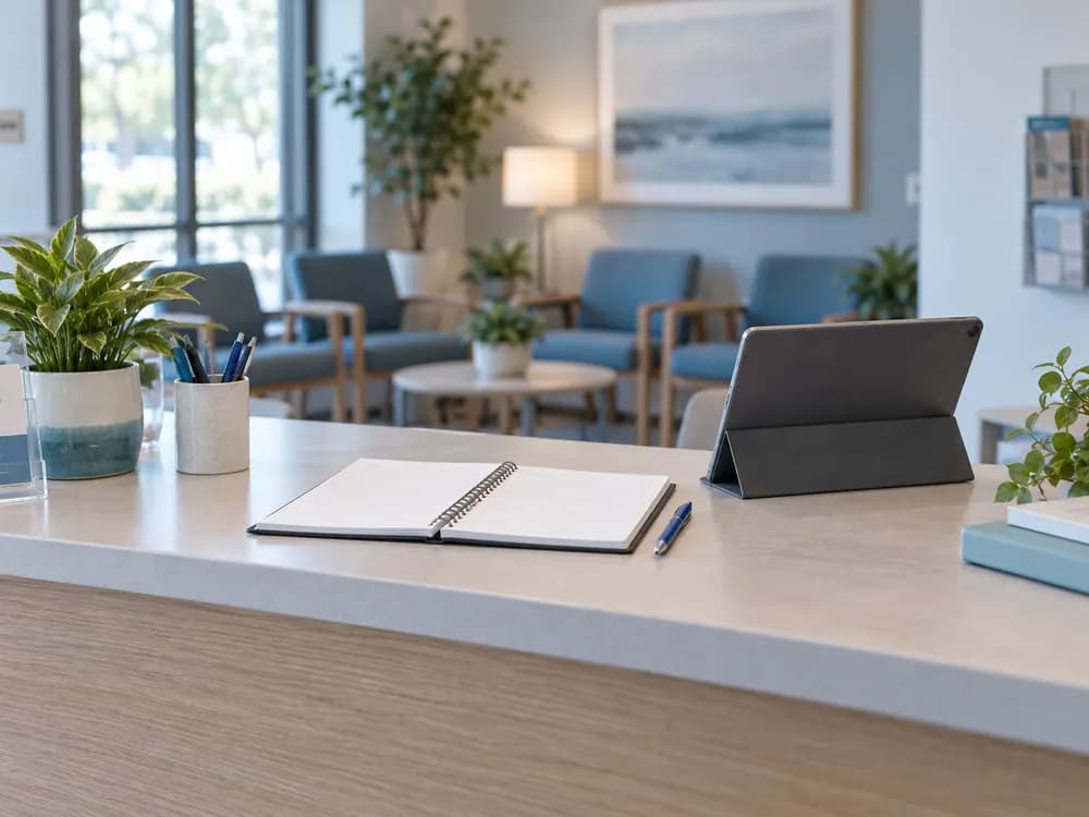 Conceptual clinic reception with a blank notebook and tablet; no patient data.