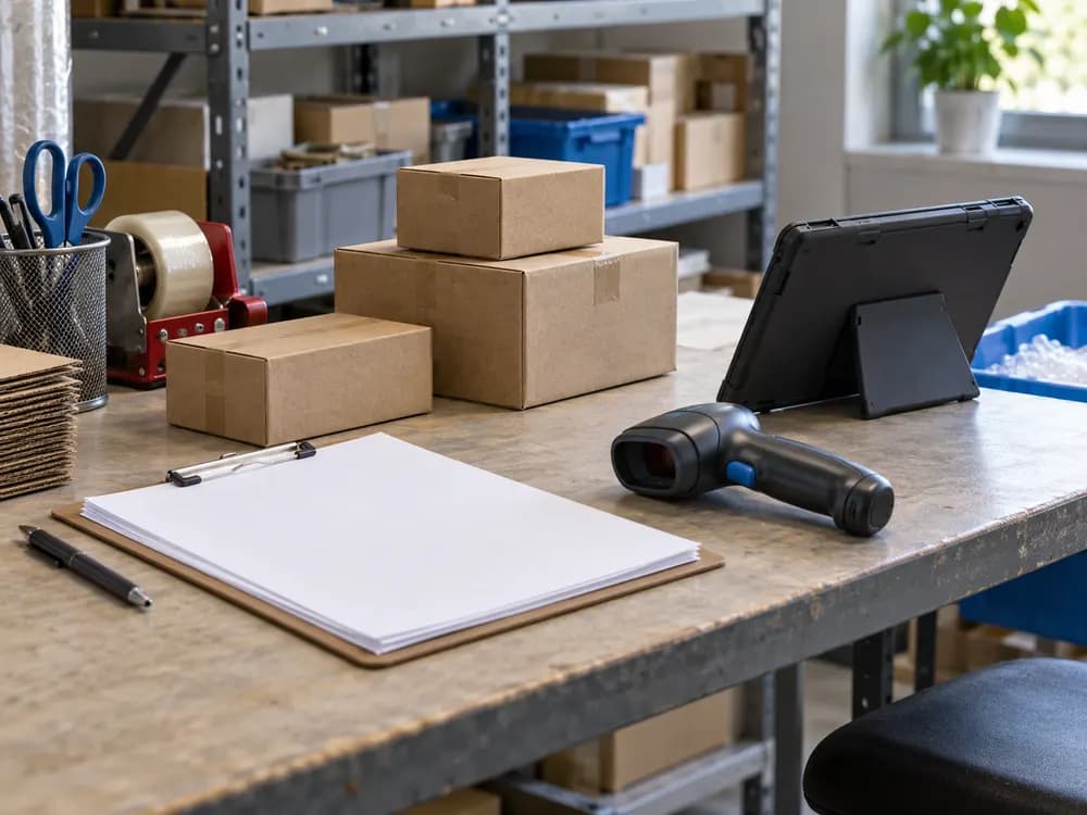 Conceptual order preparation workbench with unbranded parcels and blank order sheets.