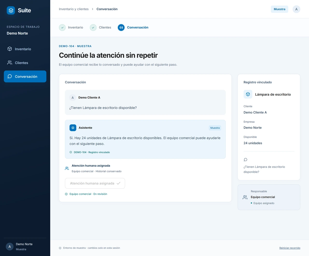 Muestra: Continúe la atención con la información a mano. La respuesta asistida reúne lo consultado y deja a una persona de ventas a cargo de continuar la conversación.