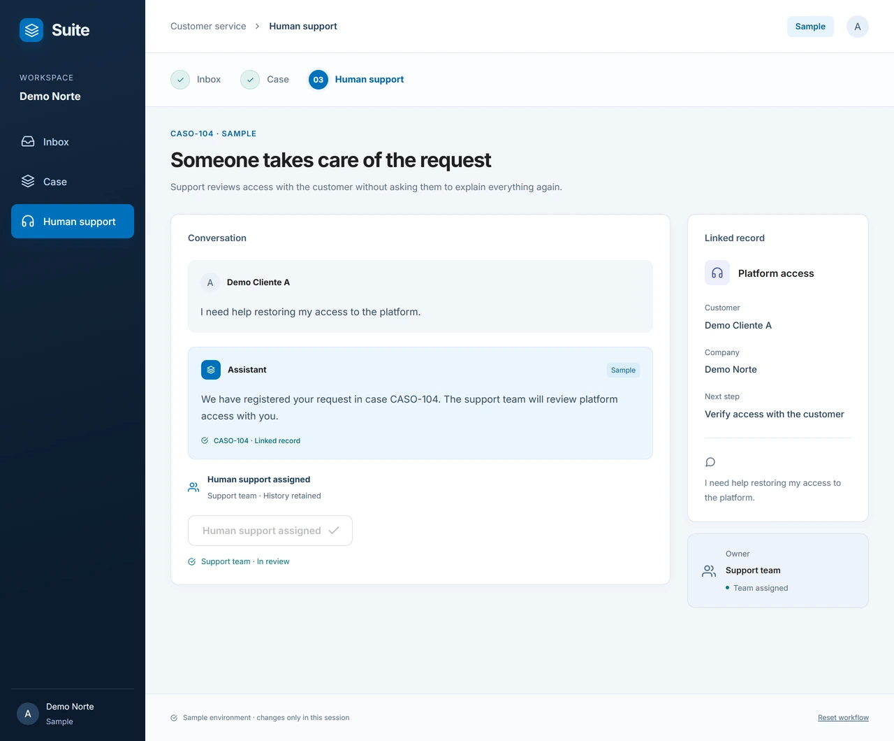 Sample: Leave someone in charge. The case is assigned to support so the team knows who continues helping.