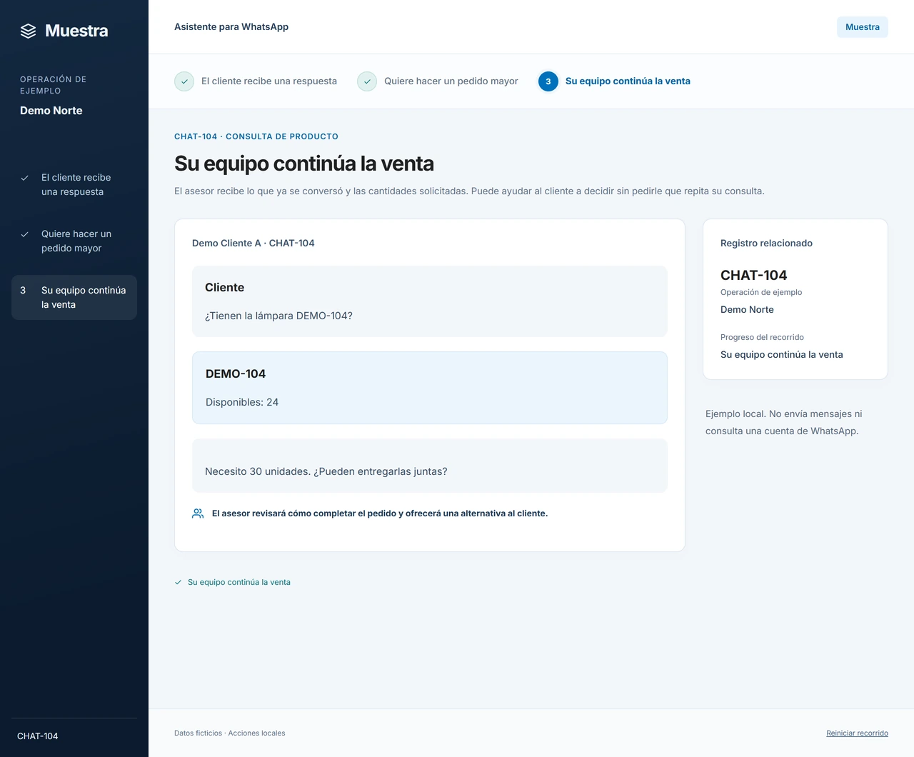 Muestra: Su equipo continúa la venta. El asesor recibe lo que el cliente ya pidió y puede conversar sobre las opciones. El cliente no tiene que volver a explicar su necesidad.